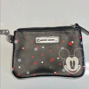 Disney Black Wristlet with Red and Gray Polka Dots and Mickey Accent